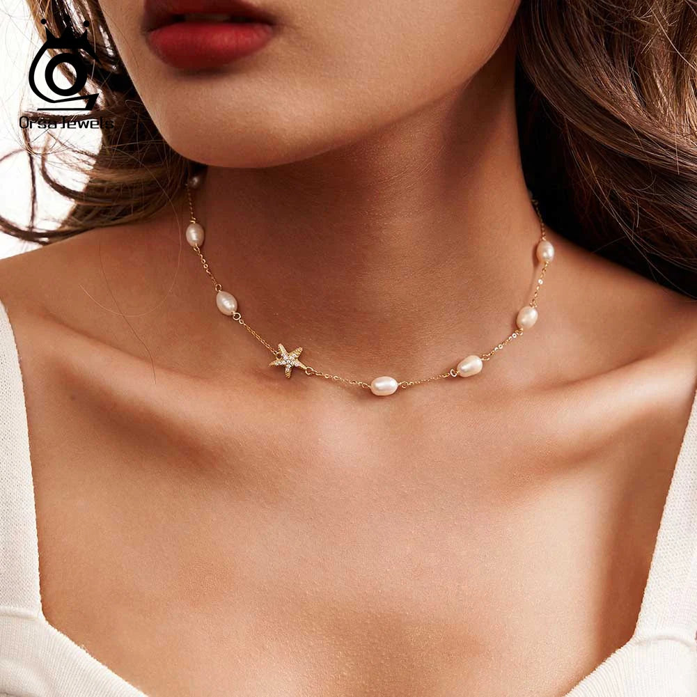 ORSA JEWELS Natural Pearl Choker Necklace Fashion 925 Sterling Silver Starfish 4A Zircon Necklace for Women Party Jewelry BQN06