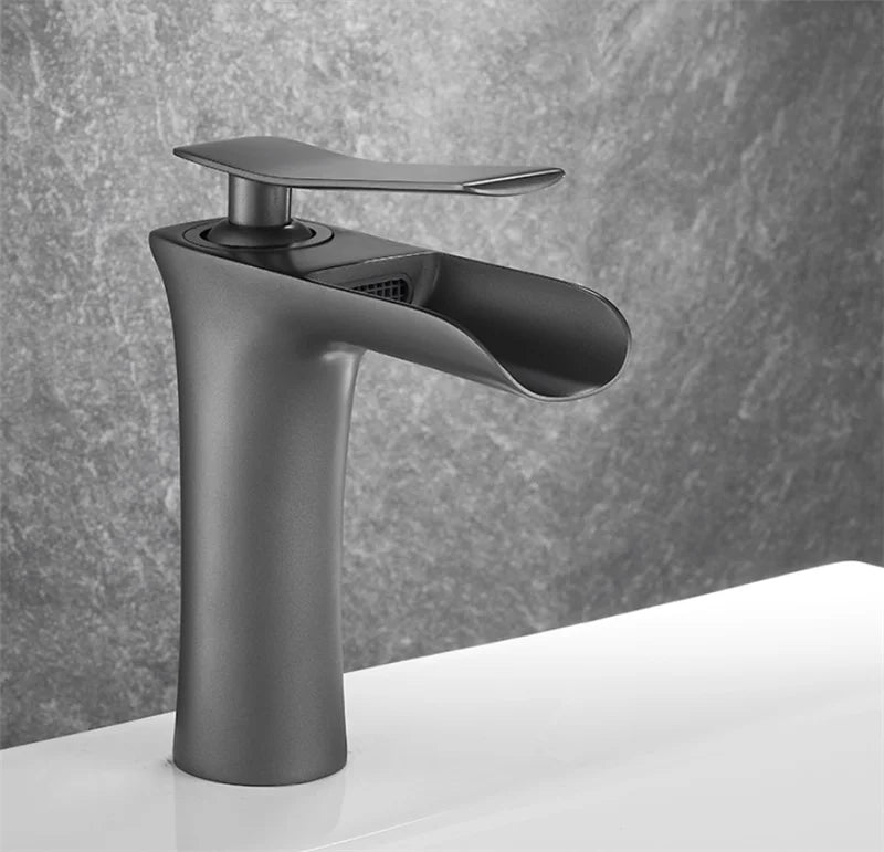Basin Faucet Grey Waterfall Faucet Brass Bathroom Faucet Gold Bathroom Basin Faucet Mixer Tap Hot and Cold White Sink faucet