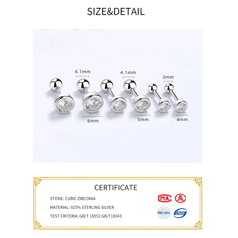 INZATT Real 925 Sterling Silver Zircon Round Screw Thread Bead Stud Earrings For Women Fine Jewelry Minimalist Accessories