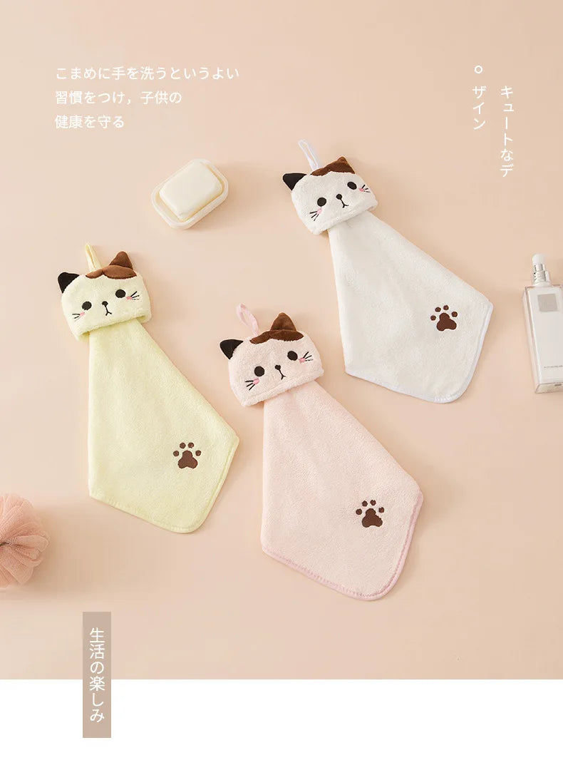 Coral Velvet Pocket Cat Embroidered Hand Towel Bathroom Hanging Absorbent Towel Kitchen Bathroom Square Towel