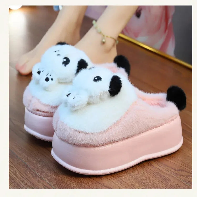 New high heel panda shoes women's winter loafer thick slippers woman fluffy slip on shoes ladies animal warm fuzzy home slipper