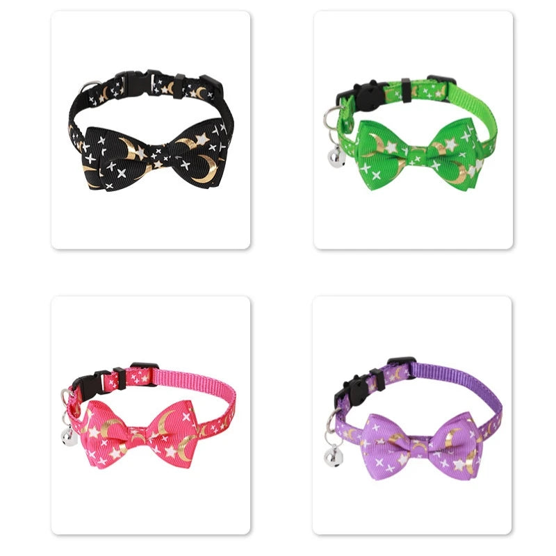 Cat Bow Bell Collar Hot Stamping Woven Stars and Moon Pattern Removable Bow Cat Puppy Collar Adjustable Dog Collar