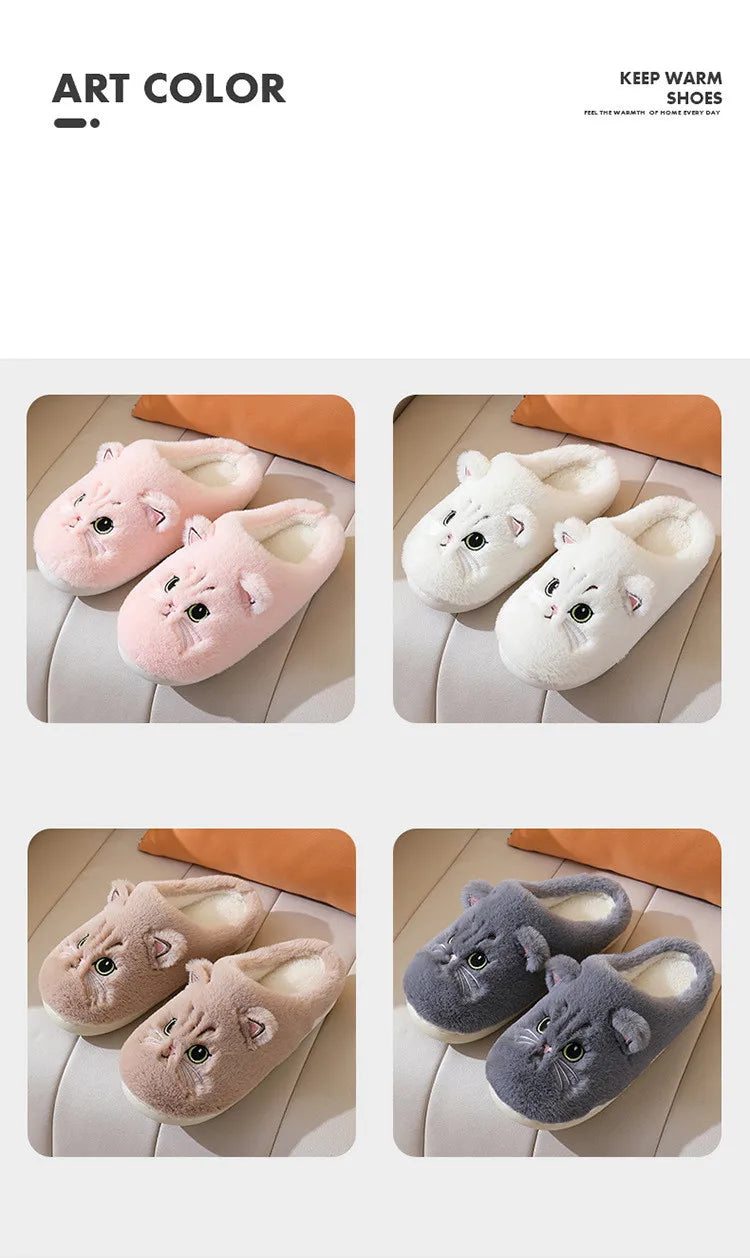 New Winter Women Lovely Cat Plush Slippers Warm Shoes Slides Cute Cartoon Cat Fuzzy Slippers Men Soft Footwear Home Cotton Shoes