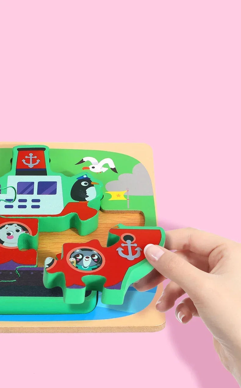 3D Baby Wooden Puzzle Montessori Toys Kids Learning Educational Tangram Shape Traffic Animal Cartoon Puzzle Cognitive Games