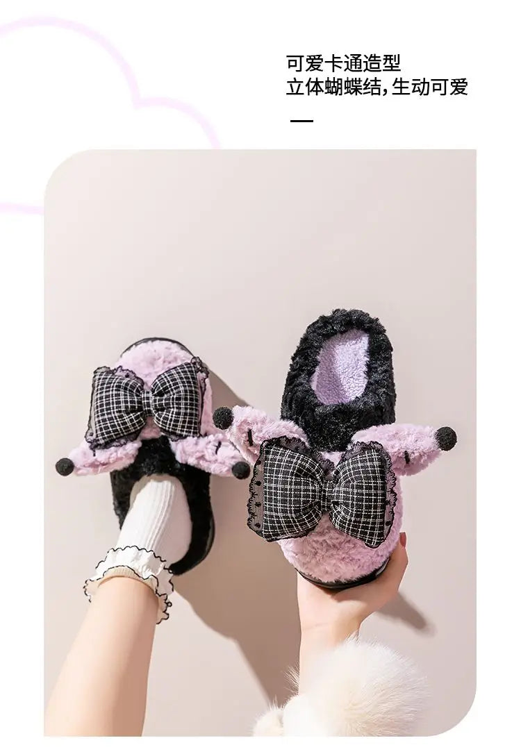 New green bow slippers winter women's 2024 shoes thick sole fuzzy slippers for home mules shoes woman fluffy metal house slipper