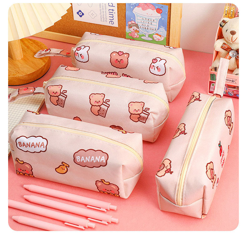 Cartoon Little Bear Canvas Pencil Case Student Ins Girl Heart Large Capacity Pencil Case Desktop Stationery