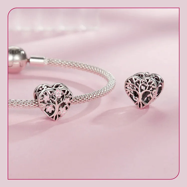 WOSTU 925 Sterling Silver Pink Life Tree Charms Flower Spacer Beads Infinite Heart Pendant Fit Original Bracelet DIY Jewelry