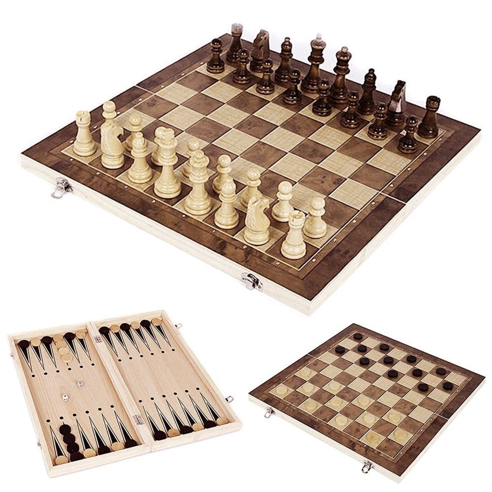 3 in 1 Chess Game Board Folding Storage Wooden Chess Board Sets Exquisite Chess Set Chess and Checkers Game Set