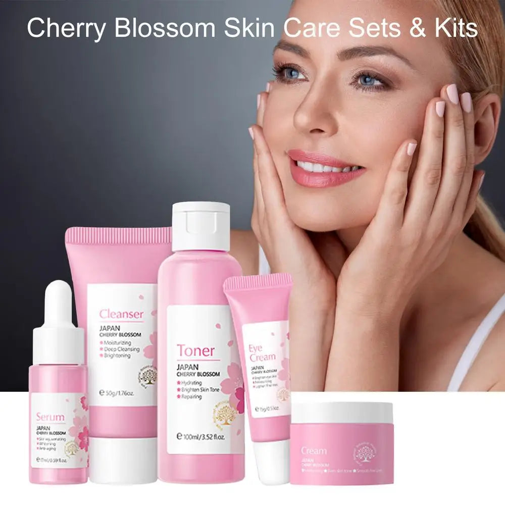 5pcs Japan Sakura Essence Face Cream Cherry Blossom Facial Cream Moisturizing Anti Wrinkle Anti Aging Korean Skin Care set