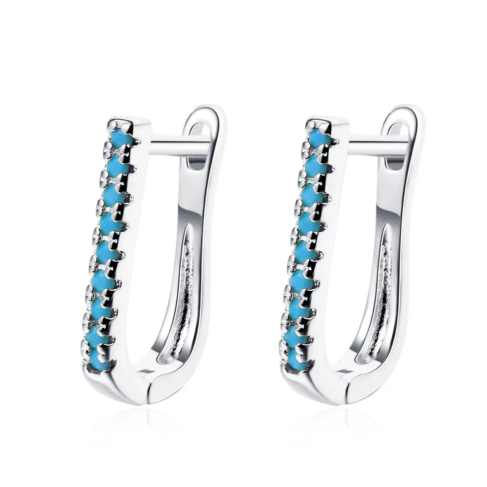 Vintage Natural Turquoise Hoop Earrings Solid Stamp 925 Sterling Silver Luxury Trendy Earring For Women Wedding Jewelry