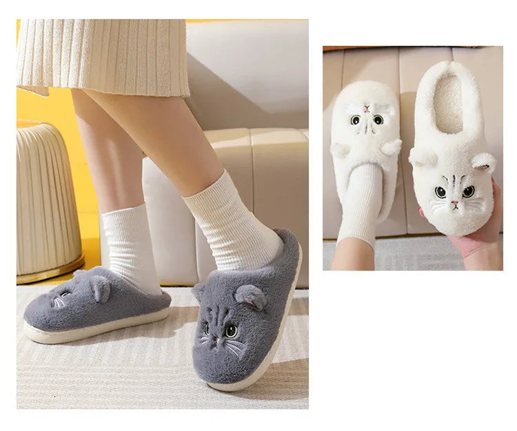 New Winter Women Lovely Cat Plush Slippers Warm Shoes Slides Cute Cartoon Cat Fuzzy Slippers Men Soft Footwear Home Cotton Shoes