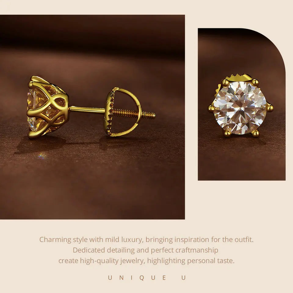 BAMOER Moissanite Stud Earrings, D Color Brilliant Round Cut Lab Created Diamond 925 Silver Earrings Gold Plated for Women