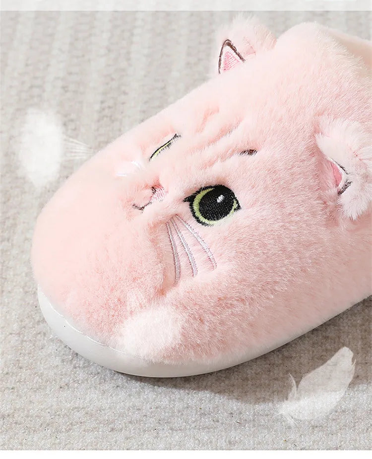New Winter Women Lovely Cat Plush Slippers Warm Shoes Slides Cute Cartoon Cat Fuzzy Slippers Men Soft Footwear Home Cotton Shoes