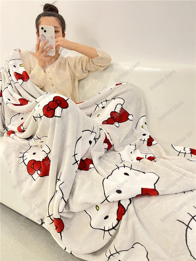 2024 Halloween Ghost Hello Kitty Plush Cartoon Large Flannel Blanket Cute Cotton Sofa Nap Blanket Bed Sheet Christmas Gift