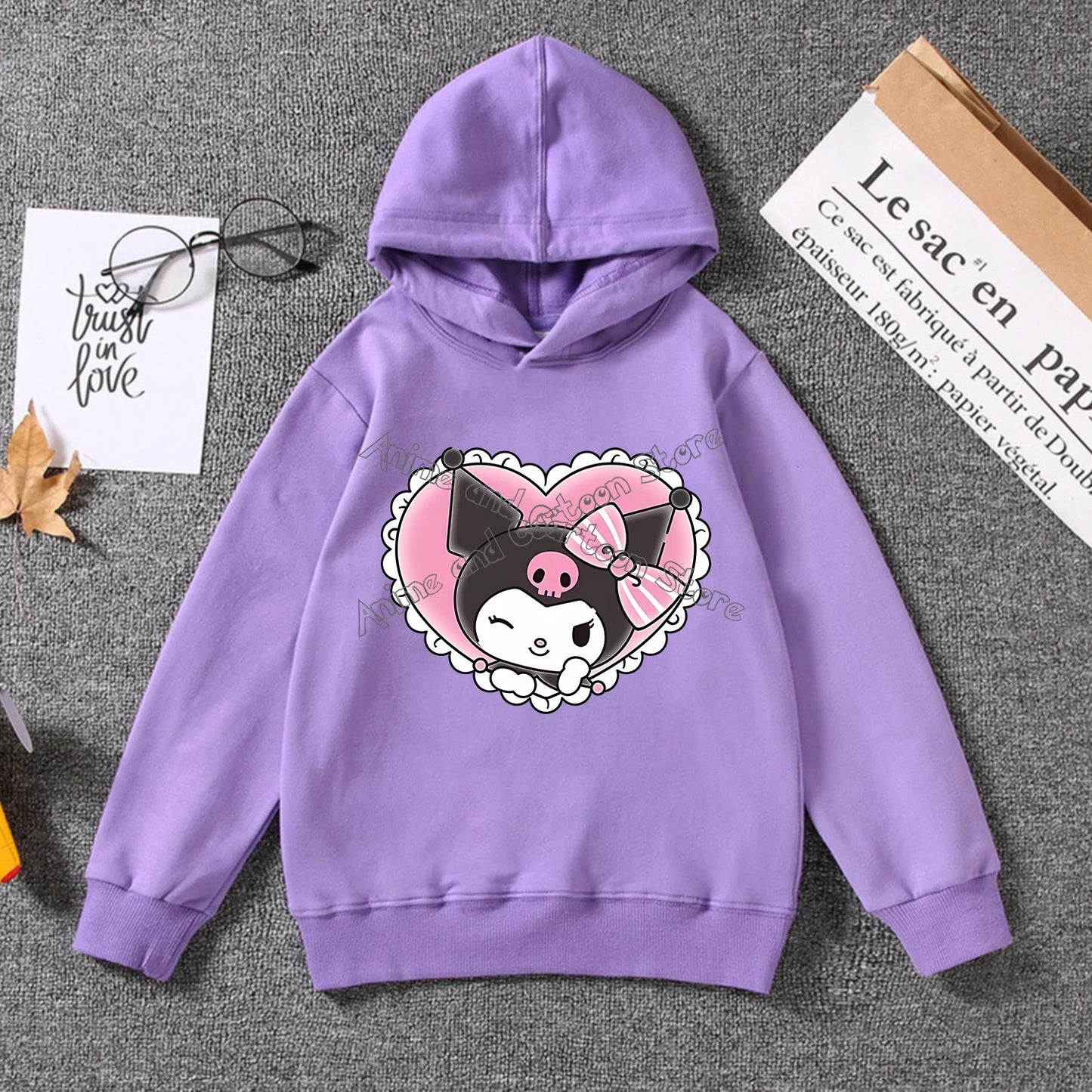 Kuromi Thin Hoodie for Children Cute Sanrio Cartoon Clothing Girls Trendy Clothes Purple Sweatshirt Fashion Long Sleeve Top Gift