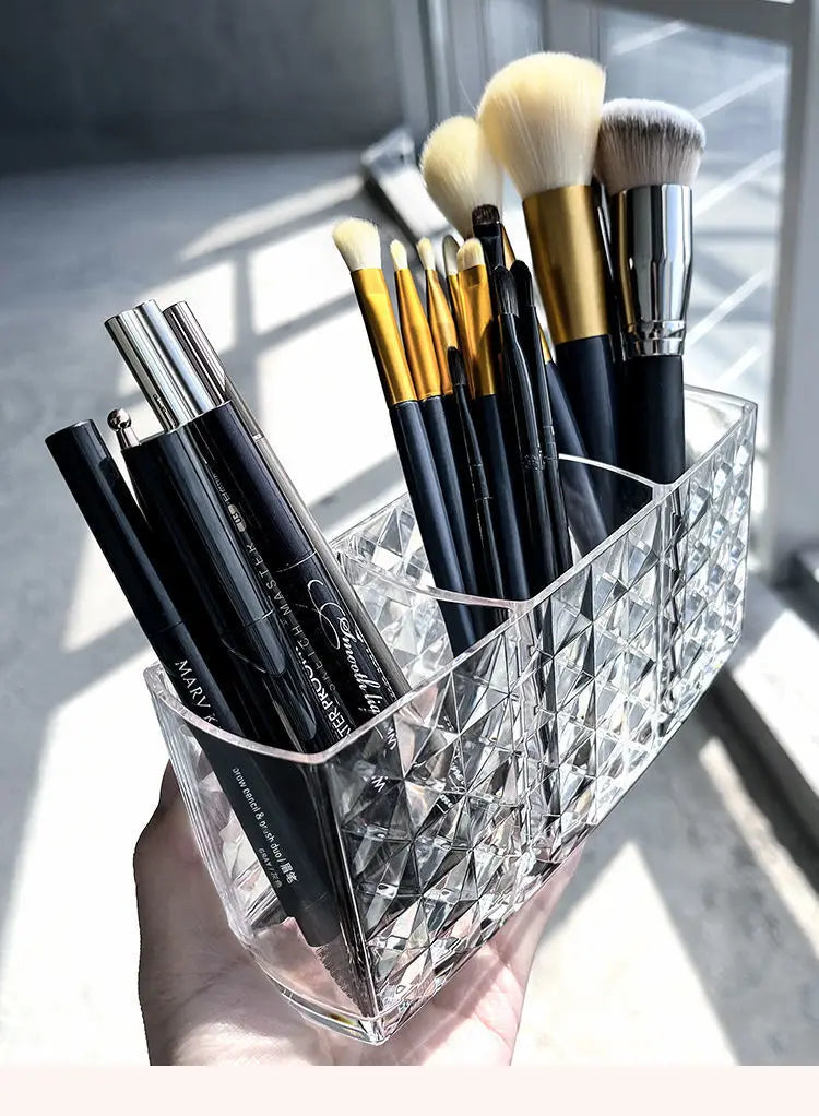 Makeup Brush Eyebrow Pencil Storage Rack Three Compartments Large Capacity Transparent Storage Box Acrylic Stationery Pen Holder