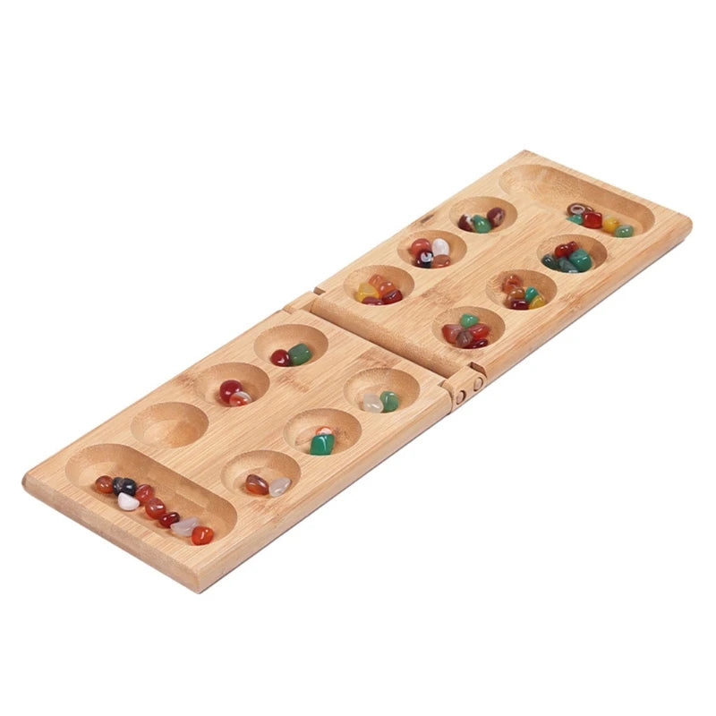 Mancala Board Games with Colorful Stones Pebbles Pebbles Folding Wooden Board Chess Set Kids Interaction Puzzle Children Toys