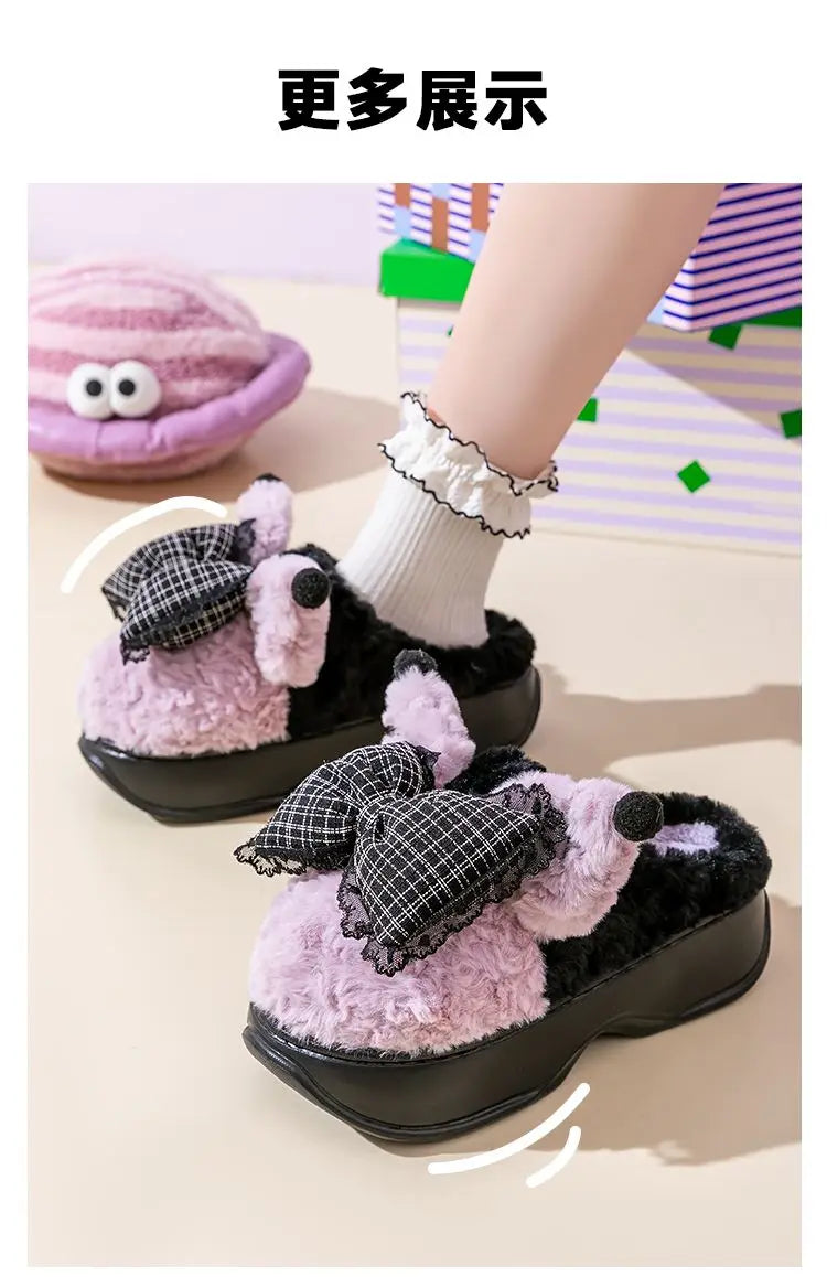 New green bow slippers winter women's 2024 shoes thick sole fuzzy slippers for home mules shoes woman fluffy metal house slipper