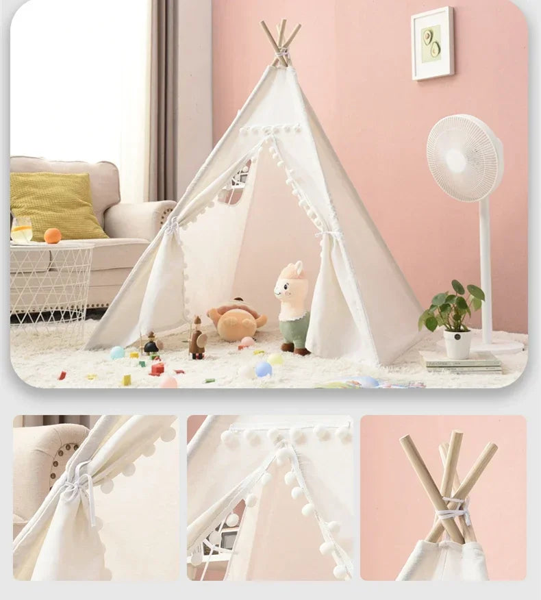 1.6M Portable Children Tents Tipi Play House Kids Cotton Canvas Indian Play Tent Wigwam Child Beach Teepee Party Room Decor