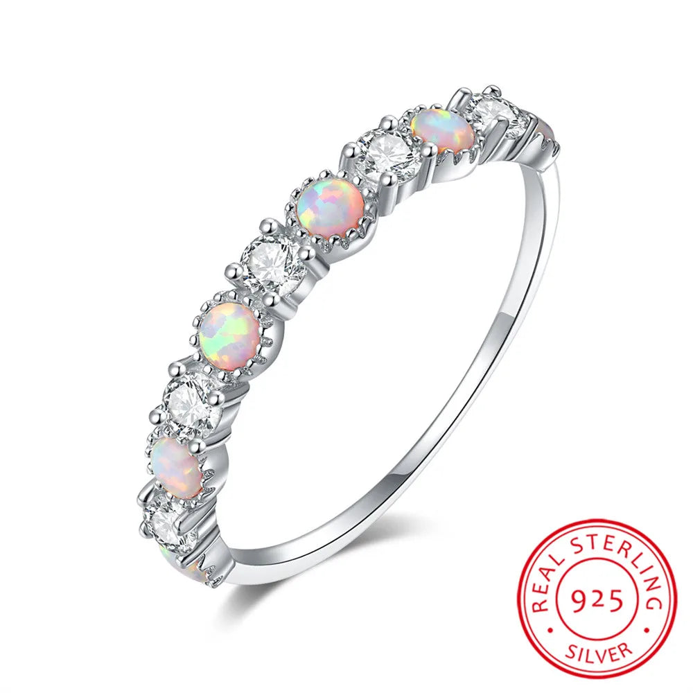 Single Row White Zircon Round Opal Ring Real 925 Sterling Silver Engagement Ring For Women Wedding Band Jewelry