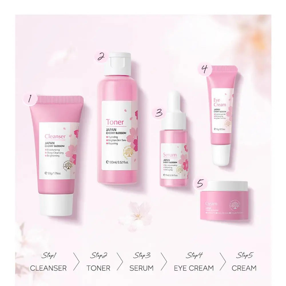 5pcs Japan Sakura Essence Face Cream Cherry Blossom Facial Cream Moisturizing Anti Wrinkle Anti Aging Korean Skin Care set