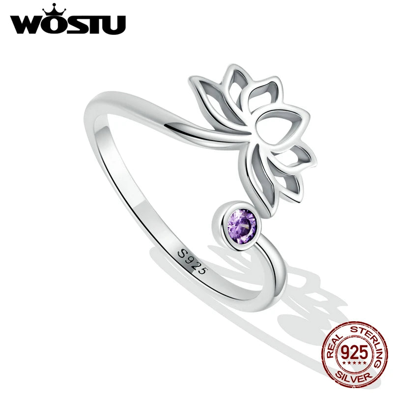 WOSTU 925 Sterling Sliver Lotus Flower Adjustable Rings Finger Purple Zircon Hollow Open Ring For Female Original Jewelry CQR821