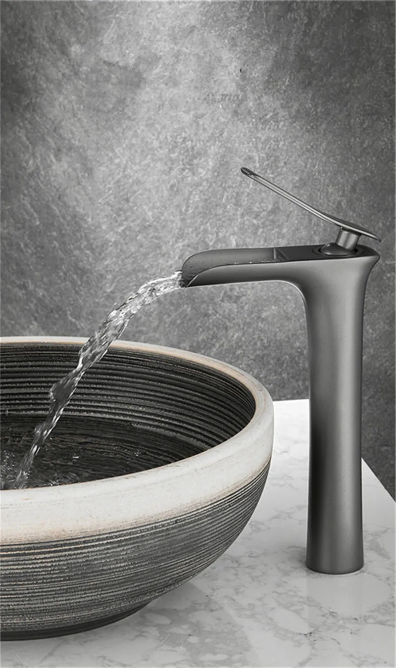 Basin Faucet Grey Waterfall Faucet Brass Bathroom Faucet Gold Bathroom Basin Faucet Mixer Tap Hot and Cold White Sink faucet