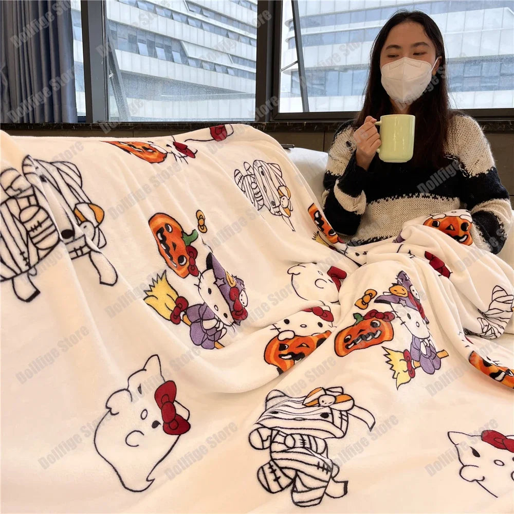 2024 Halloween Ghost Hello Kitty Plush Cartoon Large Flannel Blanket Cute Cotton Sofa Nap Blanket Bed Sheet Christmas Gift