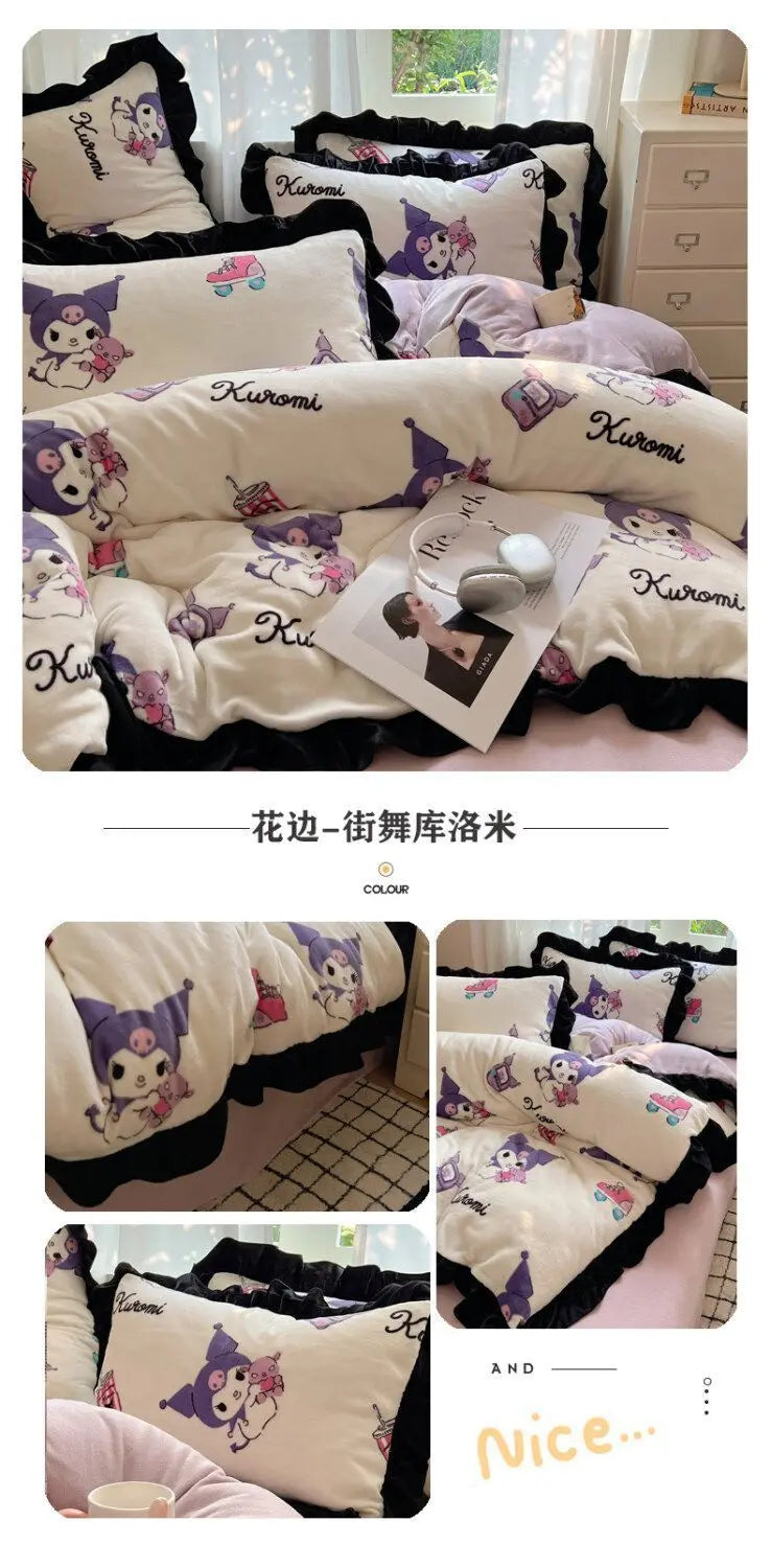 Sanrio Hello Kitty Kuromi cartoon cute warm plus velvet lace four-piece set creative student children's bed sheet quilt cover