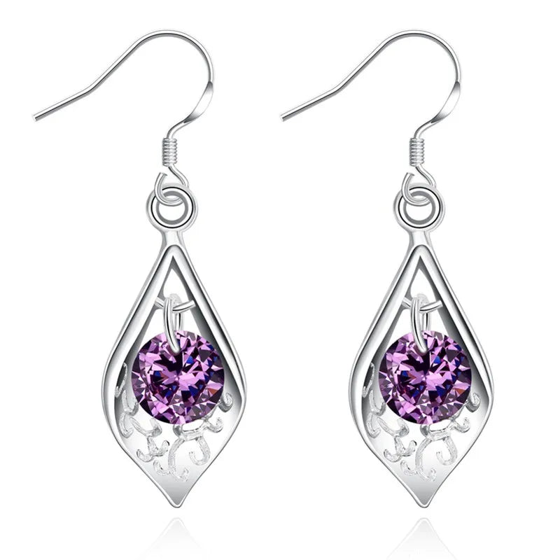 Pure 925 Sterling Silver Earrings Fashion Jewelry Elegant Woman Crystal Amethyst Shell Earrings Engagement Christmas Gifts