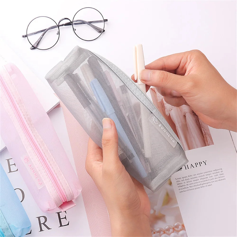 1/2PCS Nylon Mesh Large Capacity Pencil Case Purple Stationery Not Easy To Break Nylon Pencil Case Durable Smooth Zipper