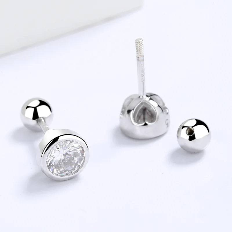 INZATT Real 925 Sterling Silver Zircon Round Screw Thread Bead Stud Earrings For Women Fine Jewelry Minimalist Accessories