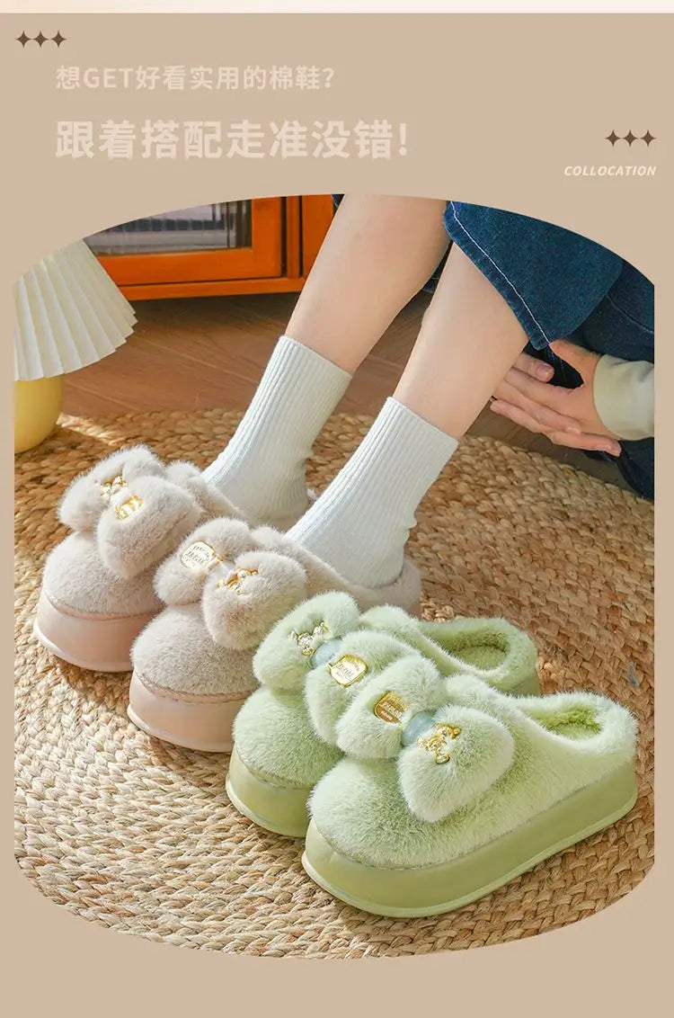 Pink clog slippers with fur slides women's indoor kawaii bowknot mules woman winter 6 cm platform  fluffy home slippers ladies