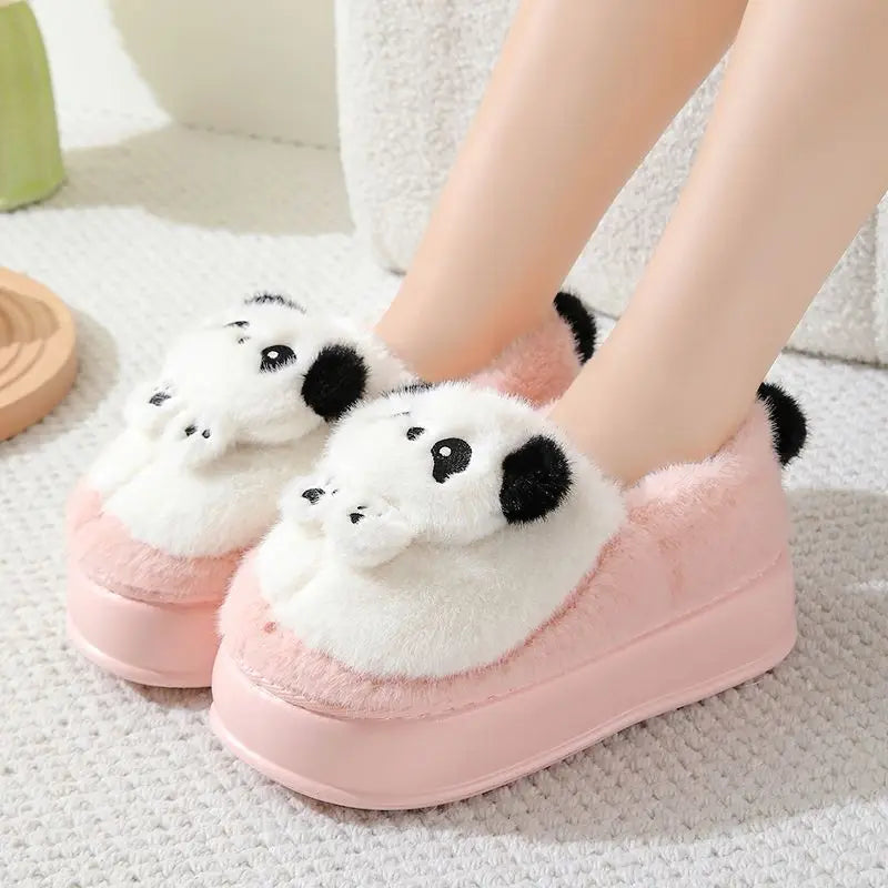 New high heel panda shoes women's winter loafer thick slippers woman fluffy slip on shoes ladies animal warm fuzzy home slipper