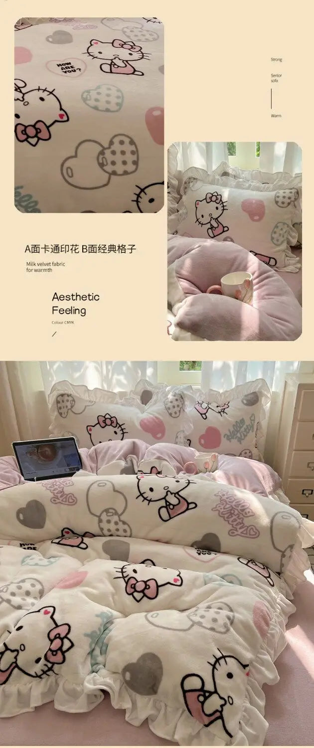 Sanrio Hello Kitty Kuromi cartoon cute warm plus velvet lace four-piece set creative student children's bed sheet quilt cover