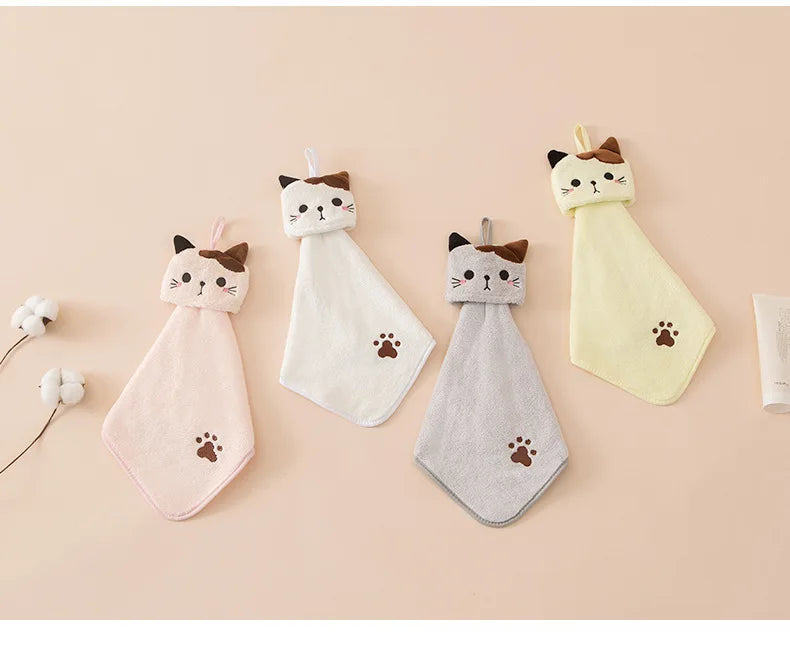 Coral Velvet Pocket Cat Embroidered Hand Towel Bathroom Hanging Absorbent Towel Kitchen Bathroom Square Towel