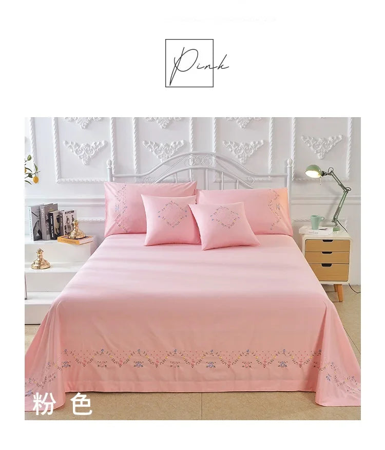 100% Cotton Greek Key Embroidery, 3-Piece Twin XL Kendell Bed Sheet Set, White/ Light Green/Pink