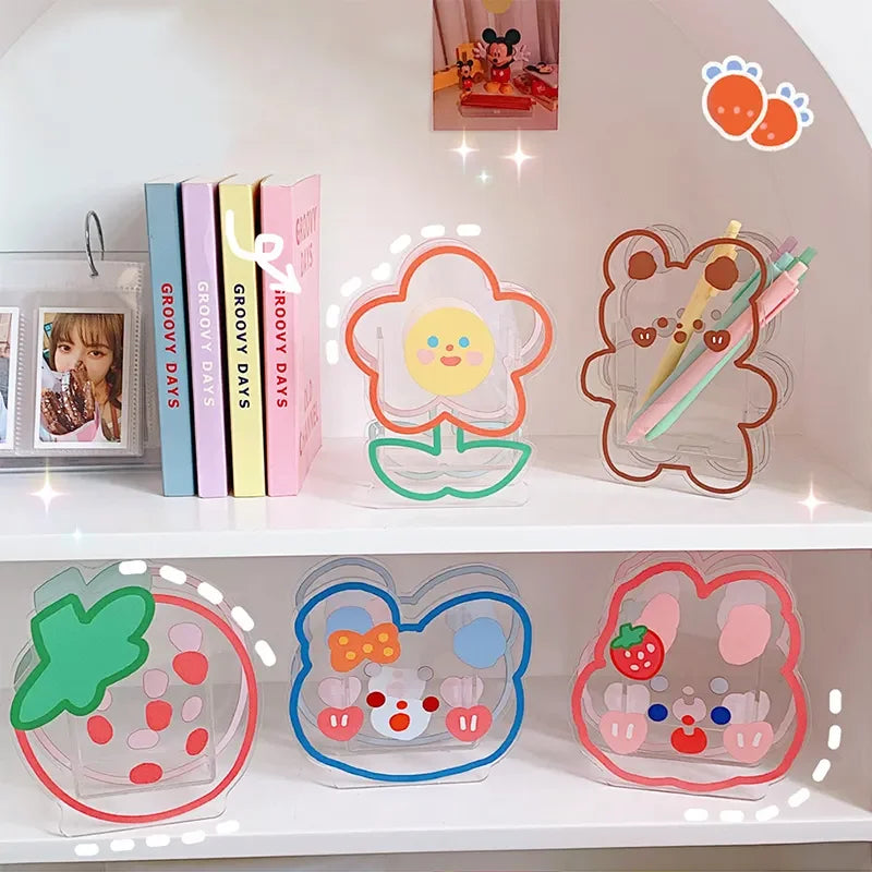 Kawaii Transparent Acrylic Pen Holder Desktop Organizer INS New Fashion Cute Bear Bunny Office Stationery Cosmetics Storage Box