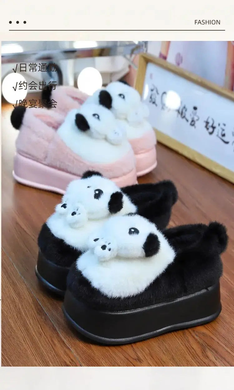 New high heel panda shoes women's winter loafer thick slippers woman fluffy slip on shoes ladies animal warm fuzzy home slipper