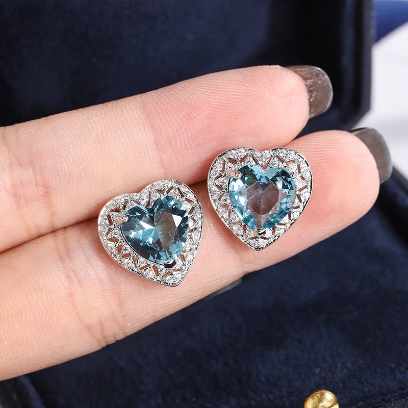 Stylish 925 Silver Plated Earrings for Women Beautiful Heart Shape Women's Shiny AAAA Women's Blue Zircon Korean Earrings