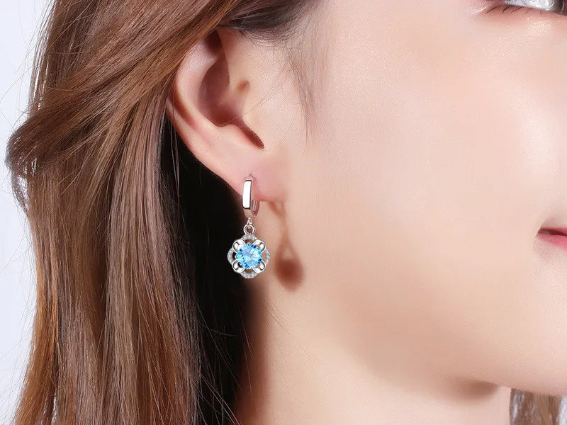 925 Sterling Silver New Woman Fashion Jewelry High Quality Blue Crystal Zircon Flower Earrings Hot Selling Earrings