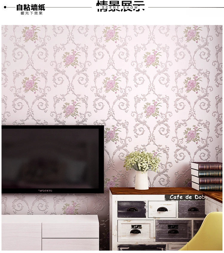 European Self-adhesive Non-woven Wallpaper 3d Garden Flower Warm Bedroom Living Room Wall paper Home Decor Luxury Wall Stickers