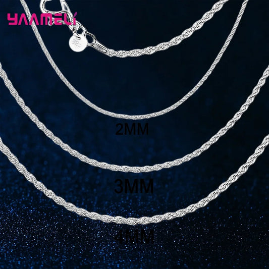Top Sale Real Pure 925 Sterling Silver Necklace Jewelry Chain for Men Women 2MM 3MM 4MM Width Twisted Rope with Lobster Clasps