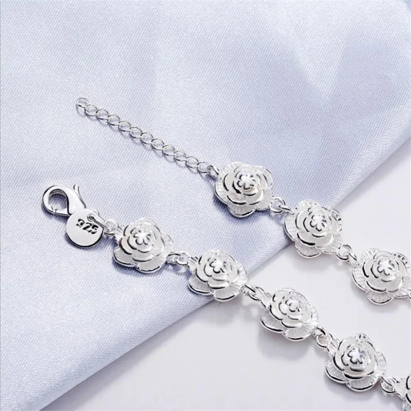 New 925 Sterling Silver Full Rose Flower Chain Bracelet For Women Fashion Pretty Wedding Party Holiday gift fine luxury Jewelry