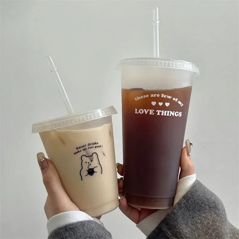 470/700ml Cute Korean Style PP Material Portable Water Bottle Coffee Juice Milk Tea Cup Plastic Cool Cup with Lid Straw Reusable