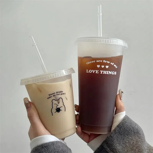 470/700ml Cute Korean Style PP Material Portable Water Bottle Coffee Juice Milk Tea Cup Plastic Cool Cup with Lid Straw Reusable