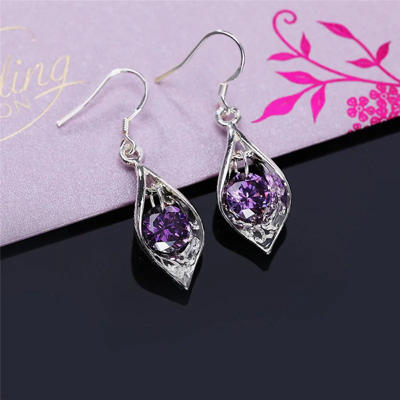 Pure 925 Sterling Silver Earrings Fashion Jewelry Elegant Woman Crystal Amethyst Shell Earrings Engagement Christmas Gifts