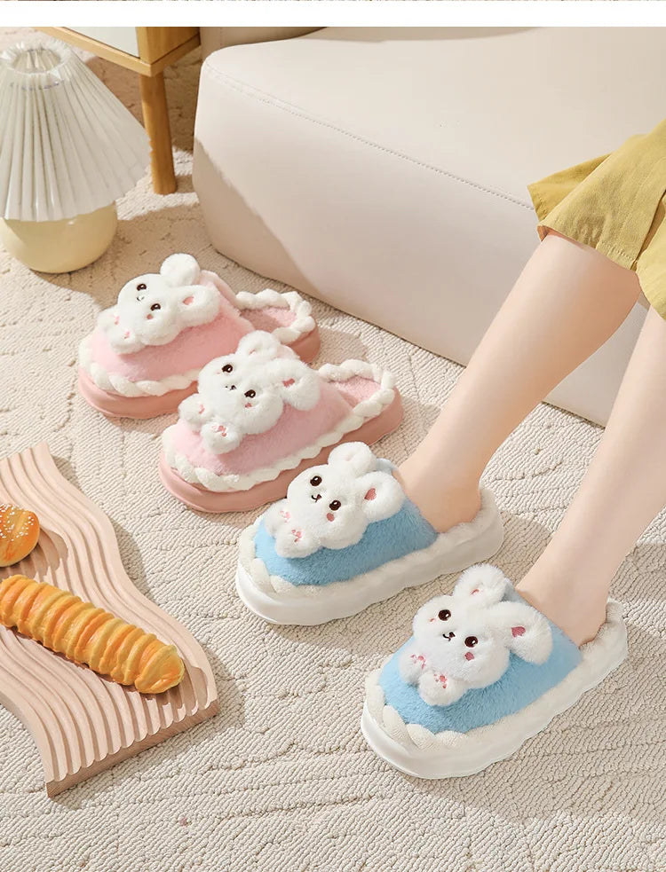 White Bunny Slippers For Home Kawaii Shoes Women Rabbit Fluffy Slippers Winter Indoor Sandals Woman Platform Bootie Slipper New