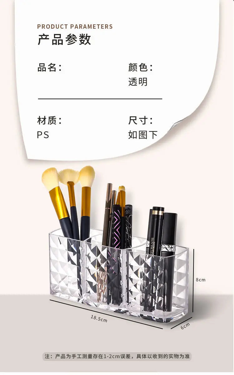 Makeup Brush Eyebrow Pencil Storage Rack Three Compartments Large Capacity Transparent Storage Box Acrylic Stationery Pen Holder