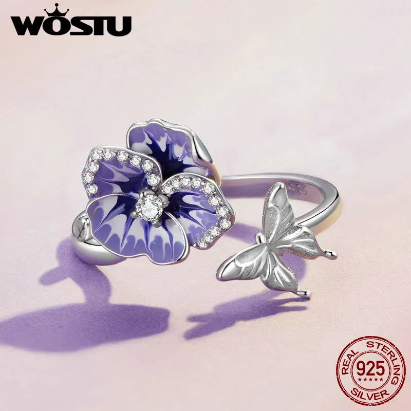 WOSTU 925 Stelring Silver Purple Pansy Flower Open Rings For Women Wedding Party Statement Stackable Butterfly Ring Holiday Gift